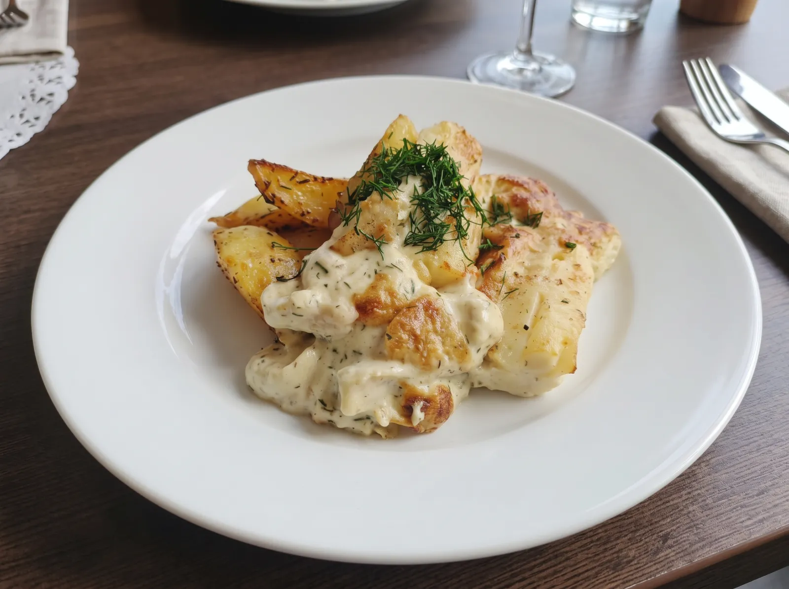 Fisk med klyftpotatis och dillsås