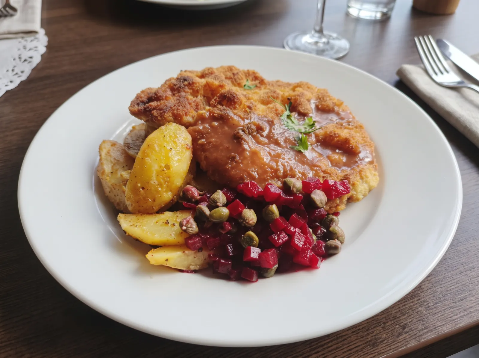 Schnitzel med sås, stekt potatis, rödbetor och kapris